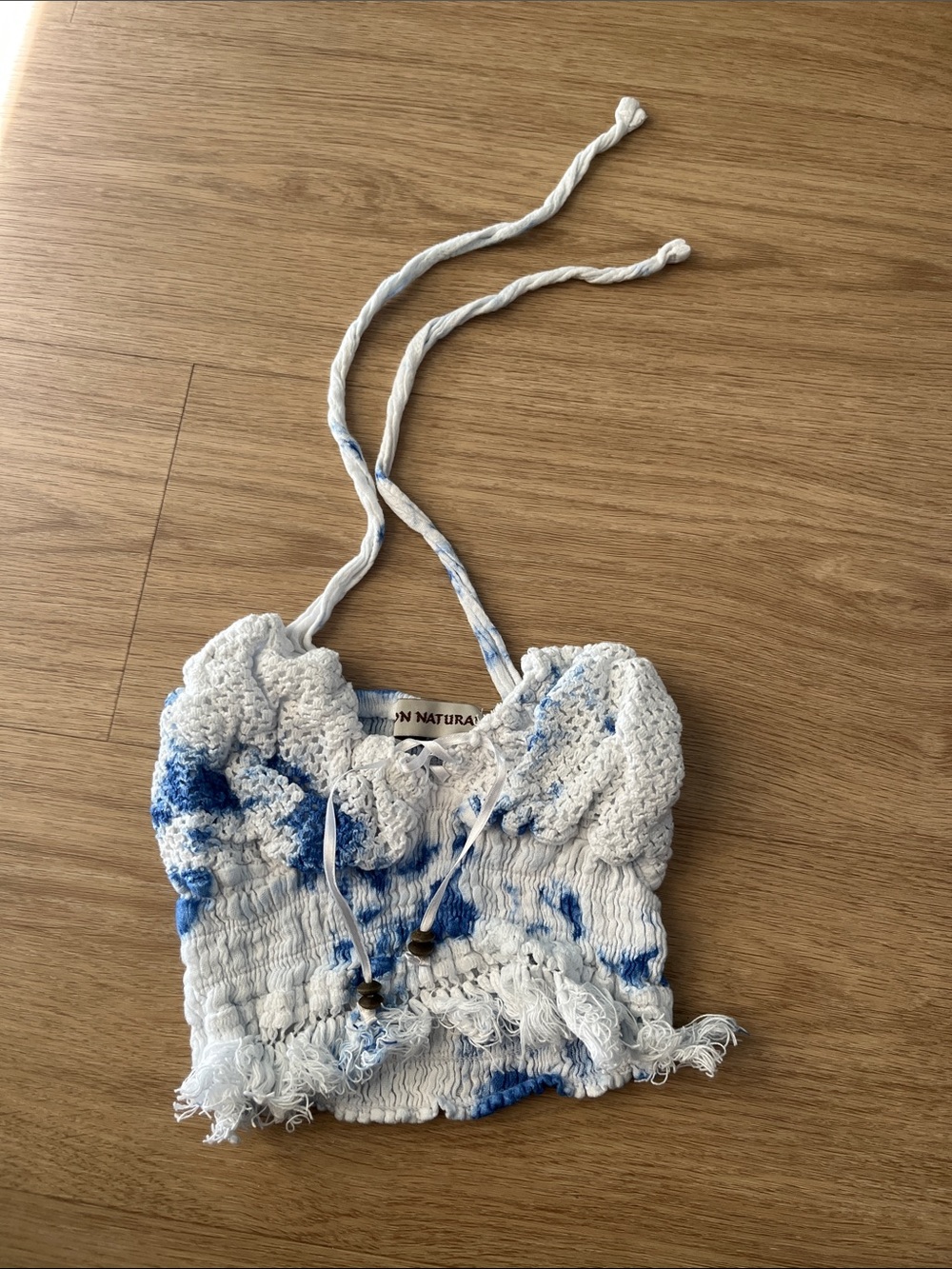 Cotton Natural White and Blue Crochet Tie-Strap Crop Top